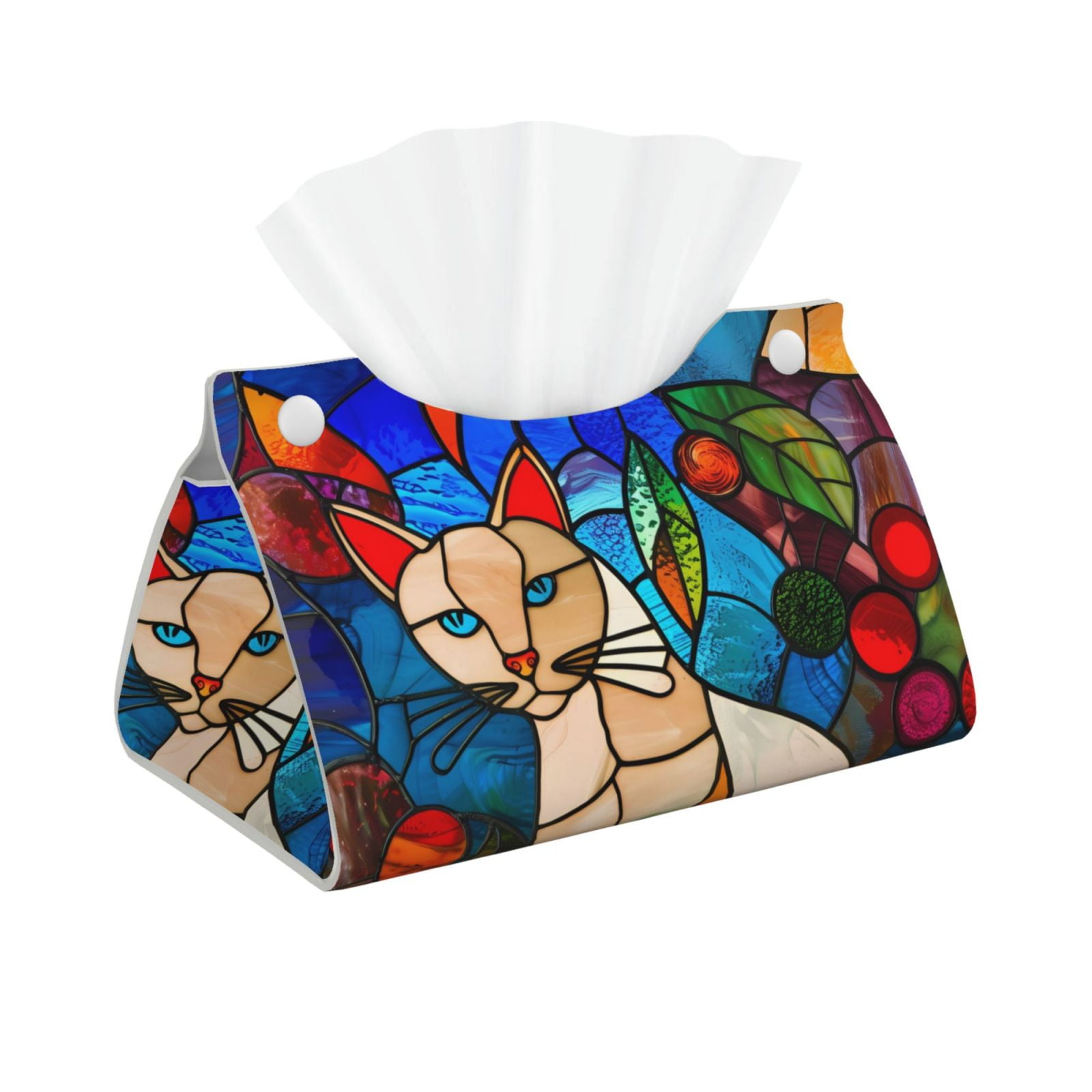 Tissue Box Cover, Stained Glass Cat Art Rectangular Leather Tissue