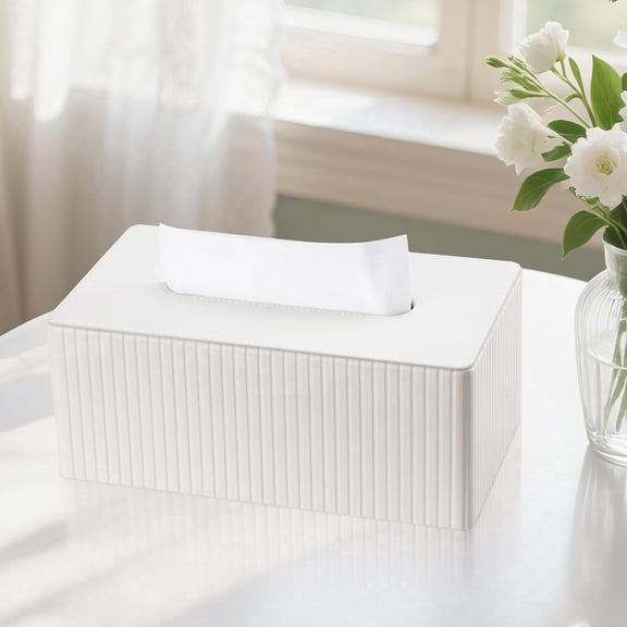 Tissue Box Cover Stylish PU Leather Rectangular Tissue Box Holder with Magnetic Bottom Cover for Bathroom Bedroom or Office White Stripe