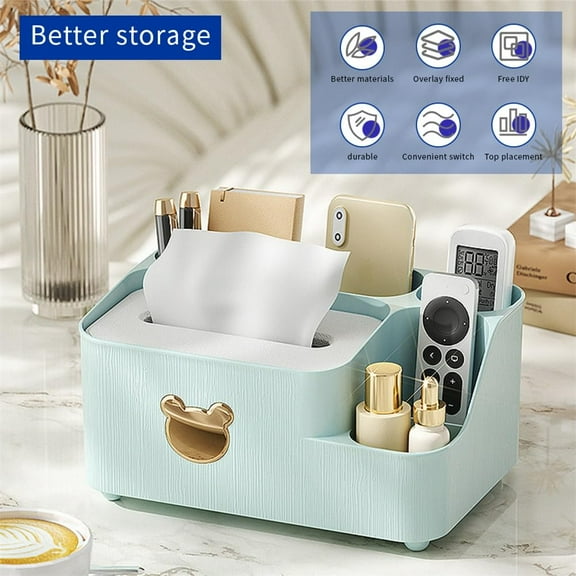 Tissue Box Cover, Tissue Box Holder, Multi-Functional Tissue Holder with Remote Control Holder, Rectangular Napkin Facial Tissues Holder, Desk Organizer Storage for Home Office, Green