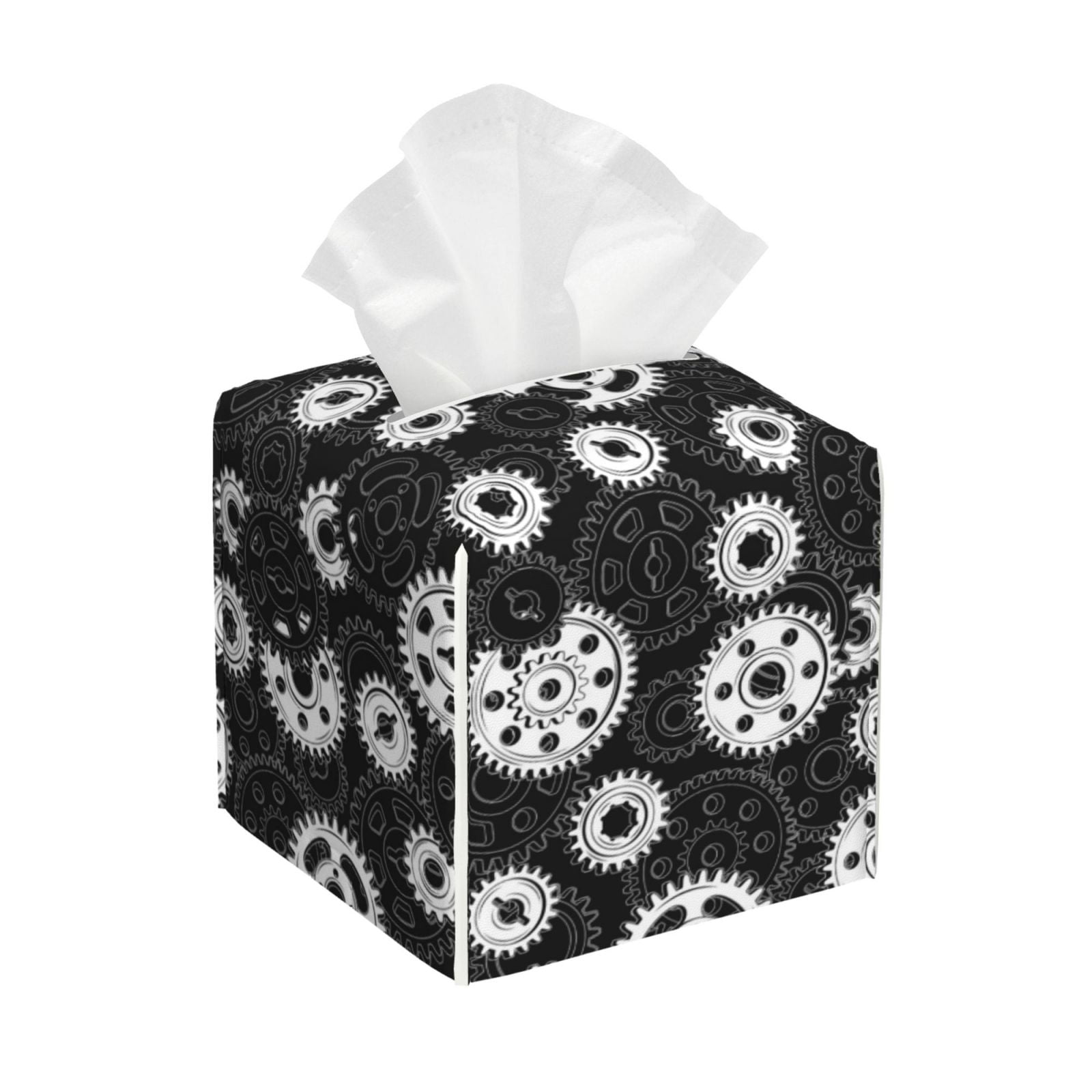 Tissue Box Cover, black gear Pattern white Leather Tissue Box Holder ...