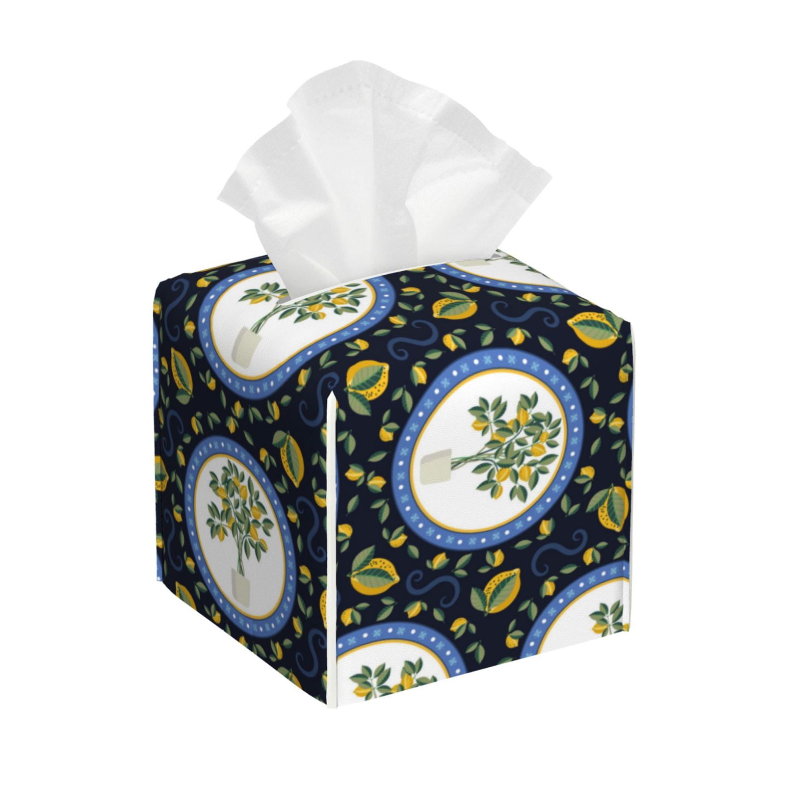 Tissue Box Cover lemons Sicilian style navyblue Tissues Boxes Holder Organizer, Leather Square ...