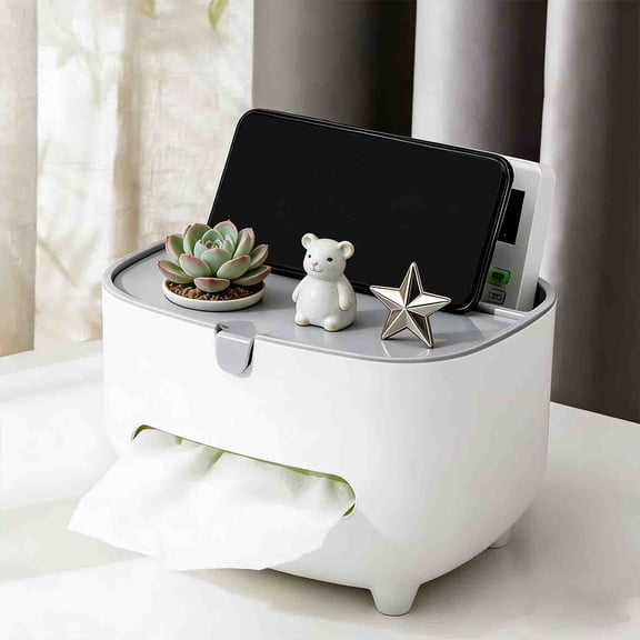 Tissue Box Cover with Remote Control Organizer – Plastic Desktop Storage Caddy for Living Room, Bedroom, Office – Gray Space Saving Home Decor