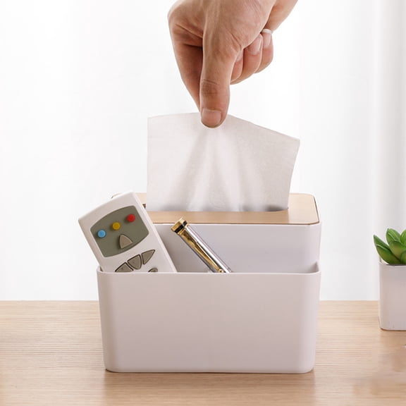 Tissue Box Cover with Storage Compartment, Rectangle Tissue Box Holder, Bathroom Tissue Box Cover, Box Tissue Pen Remote Organizer for Home/Office