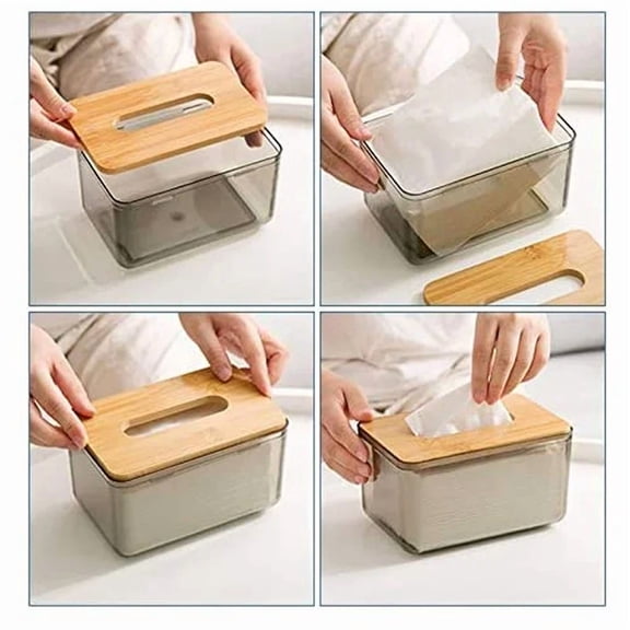 Tissue Box, Facial Tissue Dispenser Box With Bamboo Wood Lid, Transparent Container, Modern Minimalist Design