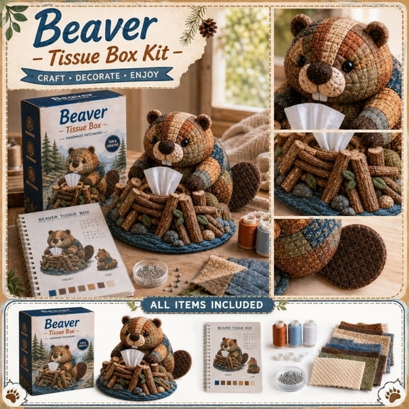 Tissue Box Holder, Cute Tissue Box Cover, Beaver Stuffed Animal Themed Decor, Woodland Nursery Decor, 1Pc Handcrafted 8X6X3 in Rectangular Tissue Box Cover That Fits Standard