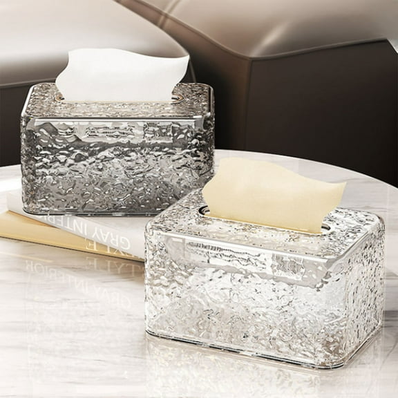 Tissue Box Holder | Roll Paper Dispenser | Clear Plastic Embossed Design, Spring Support, Easy Refill | Modern Desktop Organizer for Home, Office, Toilet | 19x12.5x10.2cm