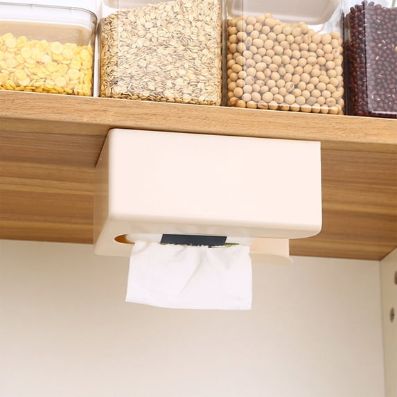 Tissue Box Holder, Space-Saving Wall-Mounted Tissue Dispenser, Punch-Free Adhesive Plastic Storage Box for Kitchen Bathroom Living Room, Beige