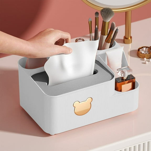Tissue Box Holder with Storage Caddy | Plastic Desktop Organizer for Living Room, Coffee Table, Remote Control, Pens | Non-Slip, Thick, Eco-Friendly, 9.4x6.3x4.7in, White/Pink/Green, Modern
