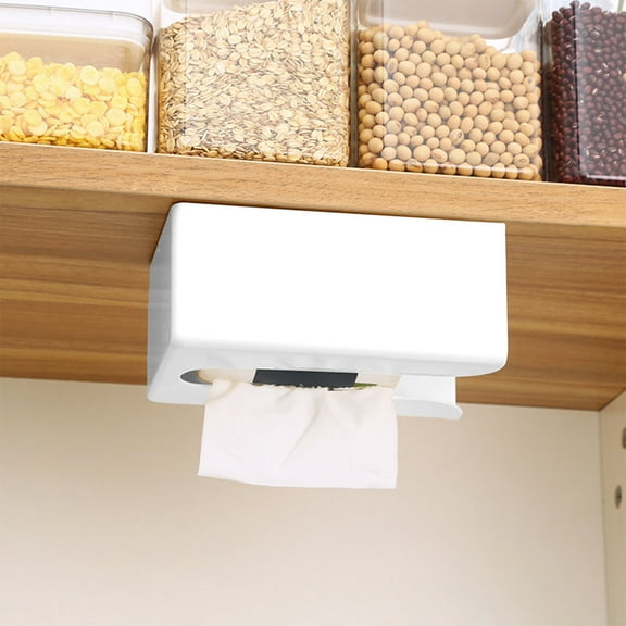 Tissue Box Holder, Wall Mounted, Punch Free Adhesive Paper Towel Holder, Kitchen Bathroom Storage, Space Saver Organizer, Multi-Surface Mount, White