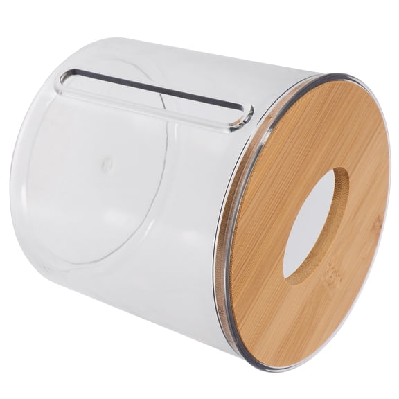 Round Tissue Box Holder with Wooden Lid Transparent Bamboo Facial Tissues Container 1 Set for Home
