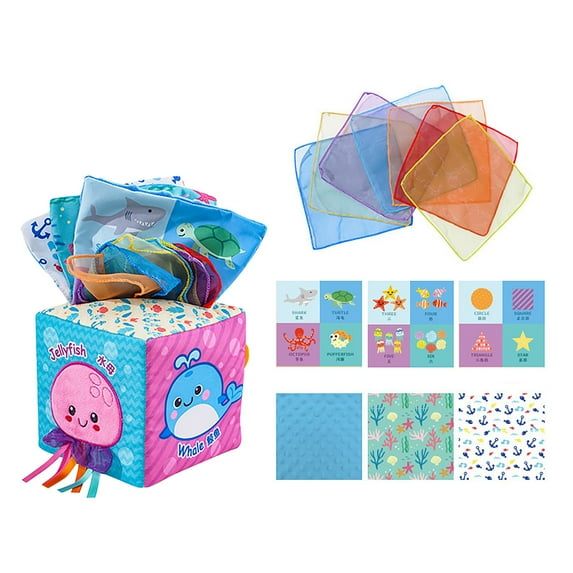 Tissue Box Toy For Baby - Soft Sensory Toy With Colorful Fabric Squares, Ocean Animal Designs - Ideal For 6-12 Months Infants, Great As Baptism Gift, Baby Shower Present