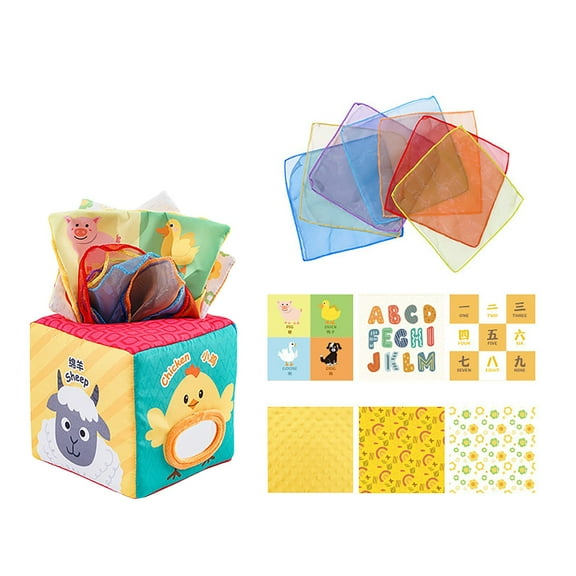 Tissue Box Toy For 6-12 Months, Soft Fabric With Animal Prints, Colorful Cloth Squares, Educational Panels, Baby Toy, Baptism Gift