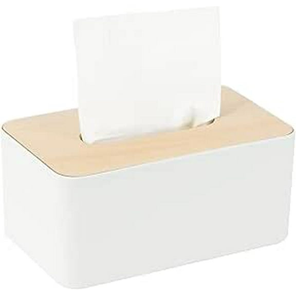 Tissue Box with Bamboo Top, Rectangular, Plastic, 21 * 13 * 9.5cm,Tissue Dispenser Box for Living Room, Office, Car, Bathroom (White)
