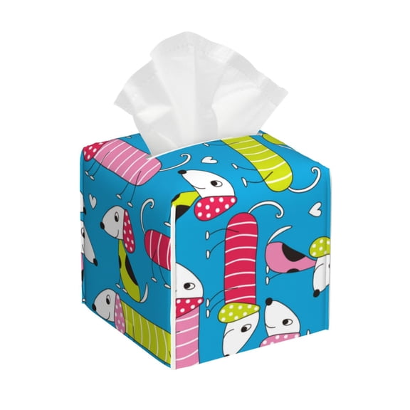 Tissue Color Dachshund Dog Box Cover Holder, Square by Xecao - Leather Decorative Organizer for Tabletop, Bathroom, Car, Office