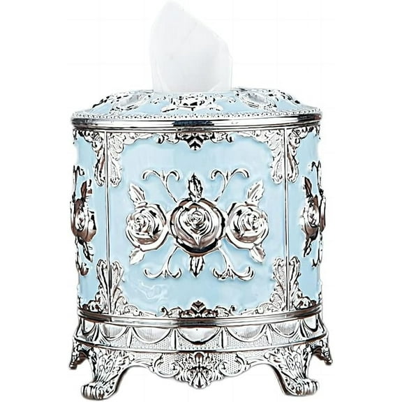Tissue Cover Holder,Creative Embossed Rose and Rhinestones Cylindrical Acrylic Tissue Box Cover Dispenser Napkin Organizer for Bathroom Bedroom Office and Car (Silver + Blue)