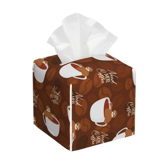 Tissue Cute Sloths Bear Relaxing In Coffee Cup Box Cover Holder, Square by Xecao - Leather Decorative Organizer for Tabletop, Bathroom, Car, Office