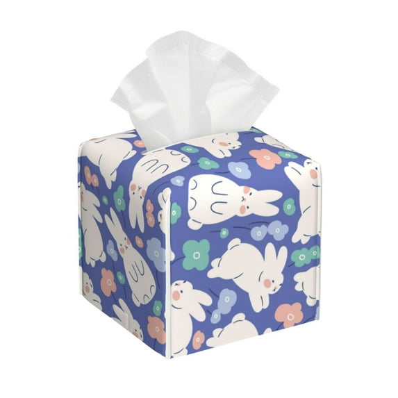 Tissue Cute White Rabbit Box Cover Holder, Square by Xecao - Leather Decorative Organizer for Tabletop, Bathroom, Car, Office