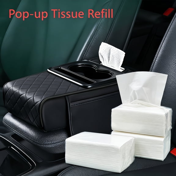 Tissue Dispenser Car Center Console Pad, 3 Pcs Pull Type Tissue Replacement Refills Included, PU Leather Universal Car Armrest Cover with 2 Side Pockets & 2 Cup Holders, Multi-purpose Storage Mat for