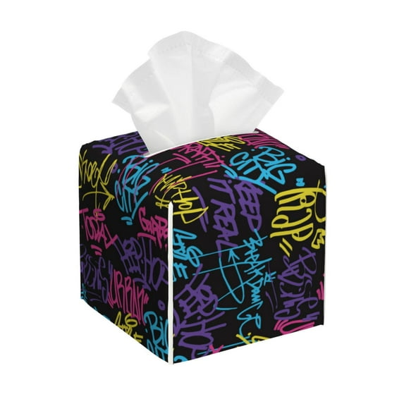 Tissue Graffiti Art Box Cover Holder, Square by Xecao - Leather Decorative Organizer for Tabletop, Bathroom, Car, Office