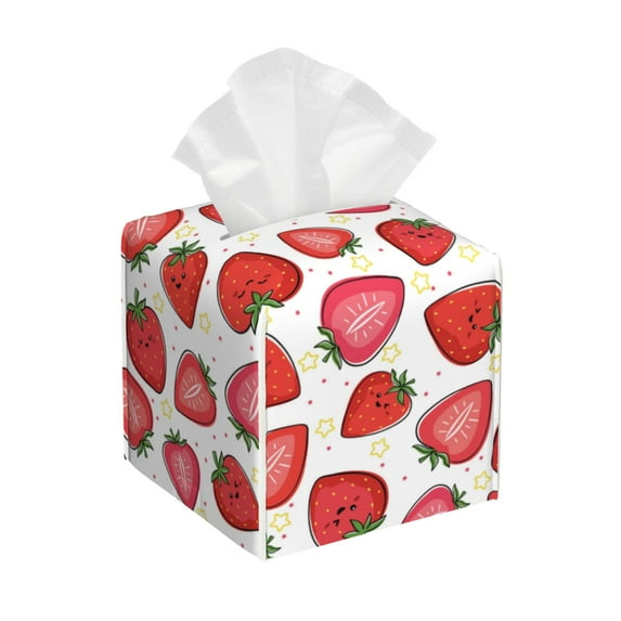 Tissue Hand Drawn Strawberry Box Cover Holder, Square by Xecao - Leather Decorative Organizer for Tabletop, Bathroom, Car, Office