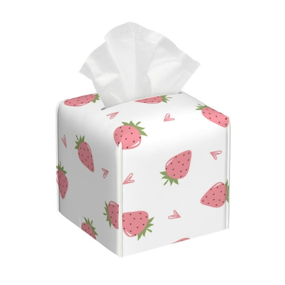 Tissue Hand Drawn Strawberry Box Cover Holder, Square by Xecao - Leather Decorative Organizer for Tabletop, Bathroom, Car, Office