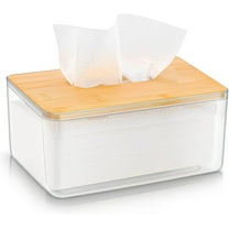 Tissue Holder, Dryer Sheet Dispenser Box with Bamboo Wood Lid, Transparent Container Tissue Organizer for Living Room,Bathroom, Bedroom, Modern Minimalist Design