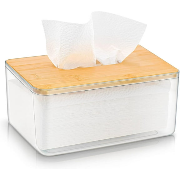 Tissue Holder, Dryer Sheet Dispenser Box with Bamboo Wood Lid, Transparent Container Tissue Organizer for Living Room,Bathroom, Bedroom, Modern Minimalist Design