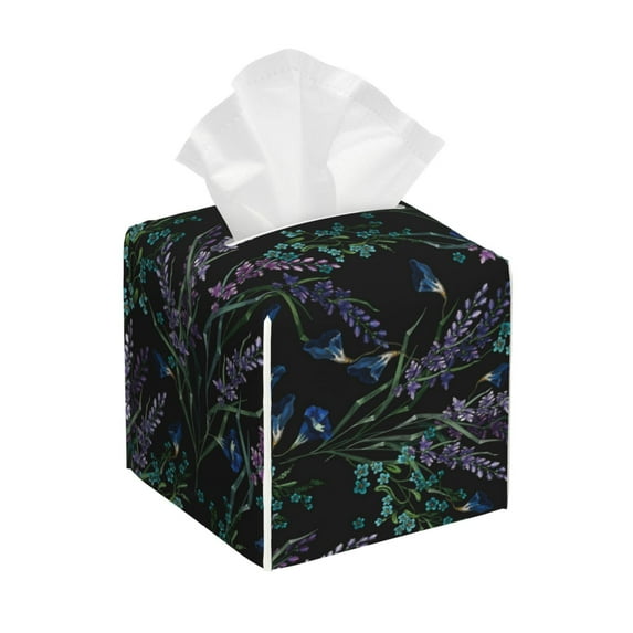 Tissue Lavender Flowers Box Cover Holder, Square by Xecao - Leather Decorative Organizer for Tabletop, Bathroom, Car, Office