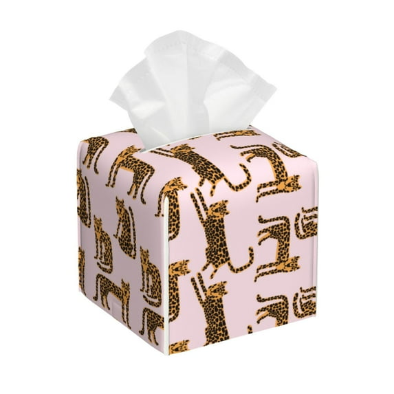 Tissue Leopard Print Box Cover Holder, Square by Xecao - Leather Decorative Organizer for Tabletop, Bathroom, Car, Office