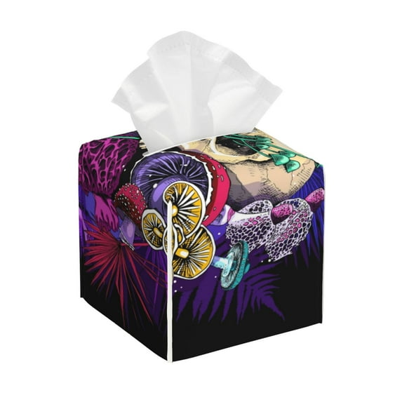 Tissue Mushrooms and Skull Box Cover Holder, Square by Xecao - Leather Decorative Organizer for Tabletop, Bathroom, Car, Office