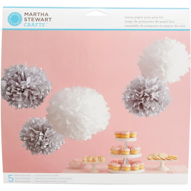 Tissue Paper Pom-Pom Kit Makes 5-Silver & White, Pk 1, Martha Stewart