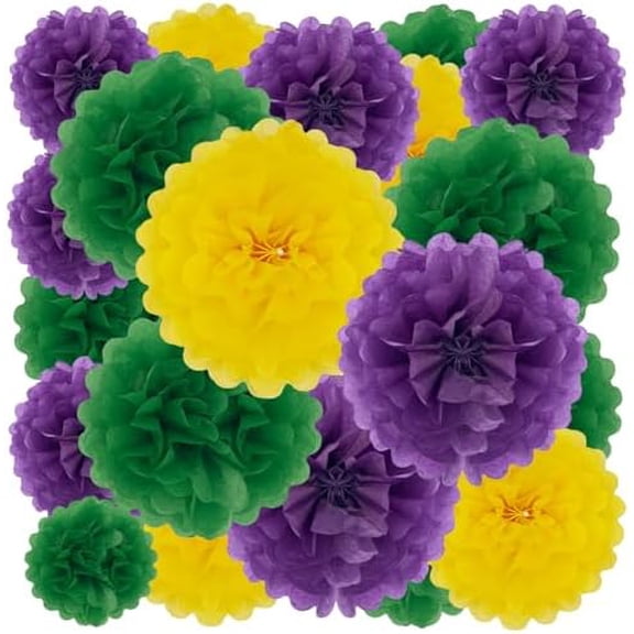 Tissue Paper Pom Poms, Gold Green Purple Tissue Paper Flowers, Hanging Flower Balls for Weddings Fiesta Parties Mardi Gras Classroom Decoration (18Piece Set-6/10/12/14Inch)