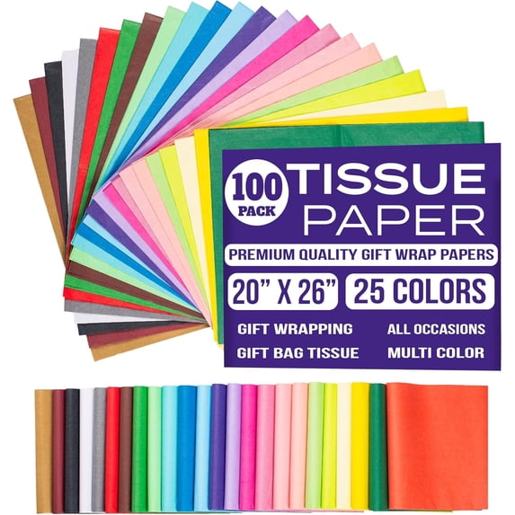 Tissue Paper for Gift Bags - Tissue Paper Bulk | 25 Colors 100 Sheets Colored 20x26 | Crafts, Wrapping, Packaging, Birthday, Holiday