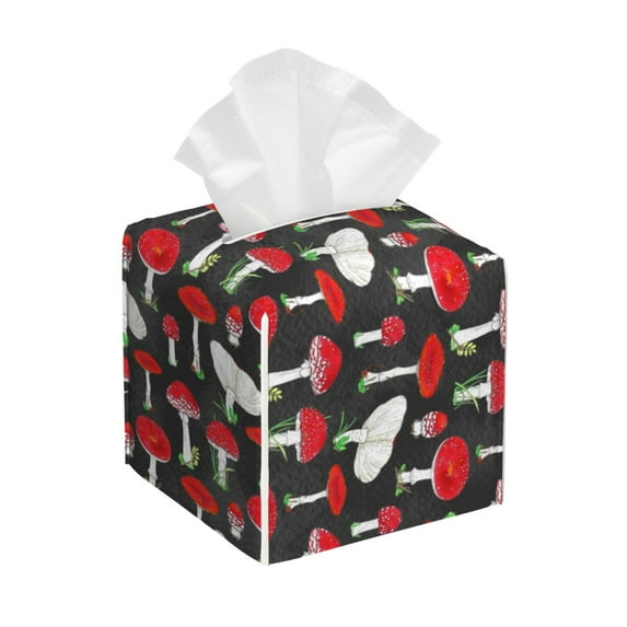 Tissue Red Mushrooms Box Cover Holder, Square by Xecao - Leather Decorative Organizer for Tabletop, Bathroom, Car, Office