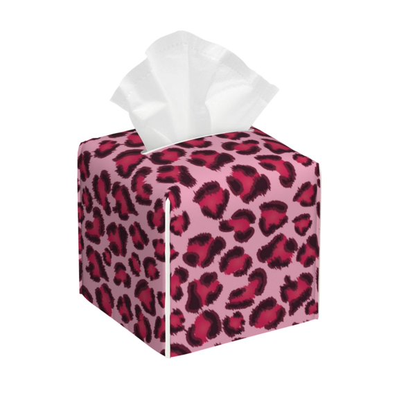 Tissue Rose Leopard Print Box Cover Holder, Square by Xecao - Leather Decorative Organizer for Tabletop, Bathroom, Car, Office