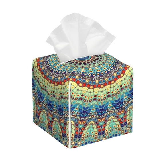 Tissue Round Mandala1 Box Cover Holder, Square by Xecao - Leather Decorative Organizer for Tabletop, Bathroom, Car, Office