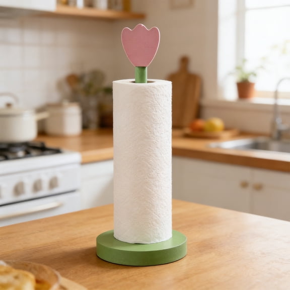 Tissue Storage Shelf,Flower Wooden Roll Paper Holder with No-Drilling Installation,Space-Saving Multi-Functional Organizer for Kitchen Bathroom Use(Green)