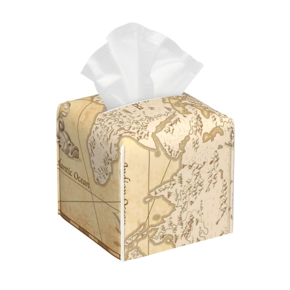 Tissue World Map Box Cover Holder, Square by Xecao - Leather Decorative Organizer for Tabletop, Bathroom, Car, Office