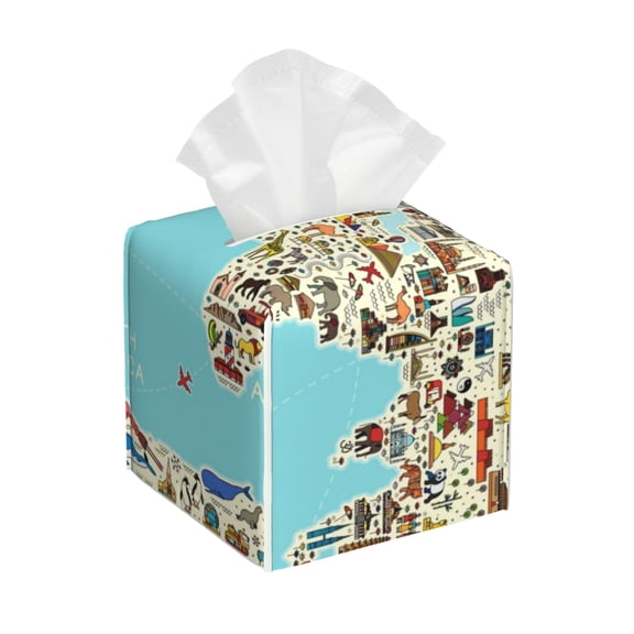 Tissue World Travel Line Icons Map Box Cover Holder, Square by Xecao - Leather Decorative Organizer for Tabletop, Bathroom, Car, Office