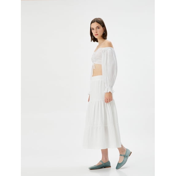 Tissued High Rise Elastic Waist Midi Skirt