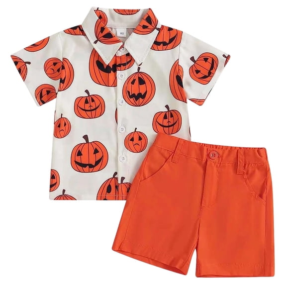 Tisuna 2 Pieces Halloween Gentle Outfit Set For Little Boys Pumpkin Print Button Down Collar Short Sleeve Shirts And Shorts Set Lightweight Kids Performance Stage Party Clothes