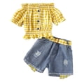 thumbnail image 1 of Tisuna 2 Pieces Modern Fit Clothing Set For Girls Plaid Print Short Sleeve Off The Shoulder Tops And Ripped Denim Shorts Set Fashion Cute Toddler Girls Summer Outfits Yellow Size 3-4 Years, 1 of 9