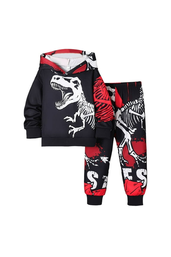 2 Pieces Outfit For Infant Boys Dinosaur Print Long Sleeve Hooded Clothes Fashion Handsome Spring Autumn Kids Daily Wear Set Black Size 9-12 Months
