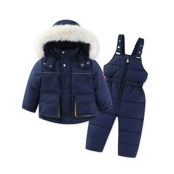 Tisuna 2 Pieces Outfit Set For Toddler Boys Girls Solid Color Long Sleeve Hooded Coat Warm Leisure Winter Kids Snowsuit Set Navy Size 2-3 Years