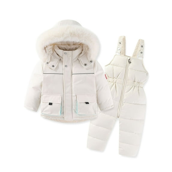 Tisuna 2 Pieces Outfit Set For Toddler Boys Girls Solid Color Long Sleeve Hooded Coat Warm Leisure Winter Kids Snowsuit Set White Size 5-6 Years