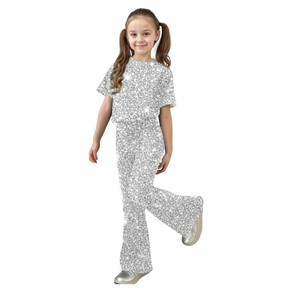 Tisuna 2 Pieces Outfit Set For Girls Child Sequin Solid Color Short Sleeve Crew Neck Shirt With Flare Leg Pants Stylish Modern Little Kids Festival Summer Clothes Set White