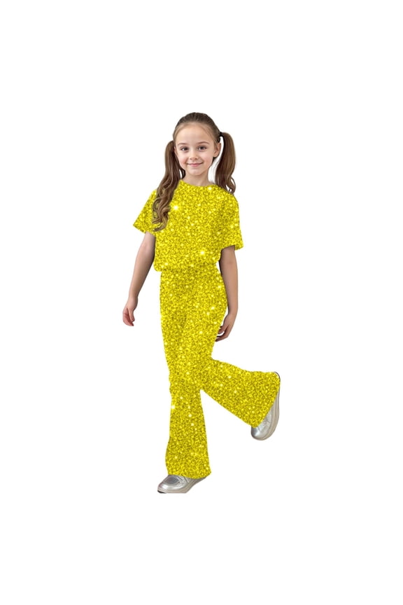 2 Pieces Outfit Set For Girls Child Sequin Solid Color Short Sleeve Crew Neck Shirt With Flare Leg Pants Stylish Modern Little Kids Festival Summer Clothes Set Yellow