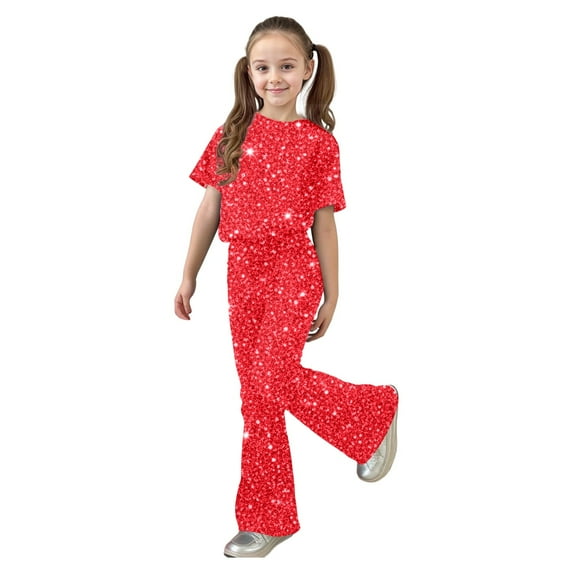 Tisuna 2 Pieces Outfit Set For Girls Child Sequin Solid Color Short Sleeve Crew Neck Shirt With Flare Leg Pants Stylish Modern Little Kids Festival Summer Clothes Set Red