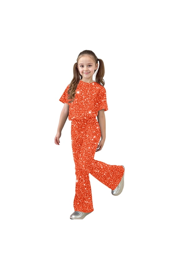 2 Pieces Outfit Set For Girls Child Sequin Solid Color Short Sleeve Crew Neck Shirt With Flare Leg Pants Stylish Modern Little Kids Festival Summer Clothes Set Orange