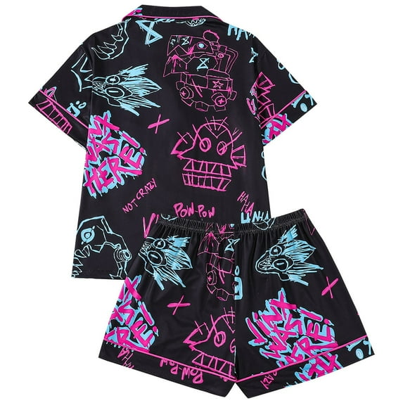 Tisuna 2 Pieces Sleep Outfits For Women Fashion Printed Lapel Collar Short Sleeve Shirts And Shorts Pajama Set Lightweight Casual Ladies Sleepwear Black Size L